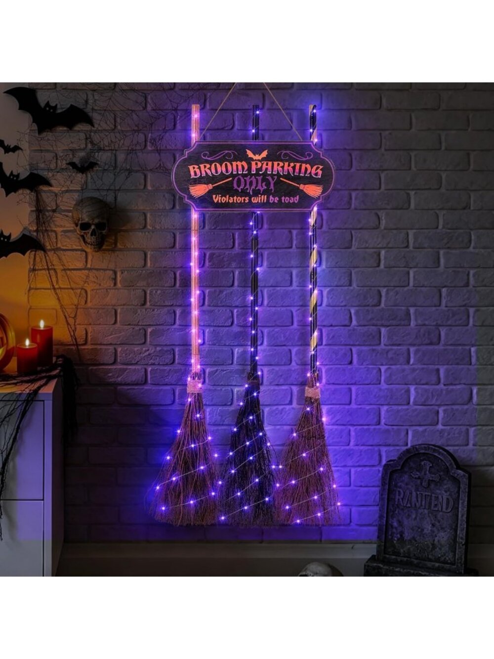 Halloween Broom Parking Sign with 3 Witch Brooms & Purple LED Lights Decor